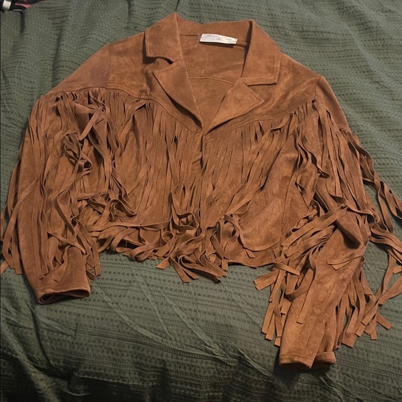 branded royalty Jackets & Blazers - Women's Faux Suede Fringed Brown Leather Jacket